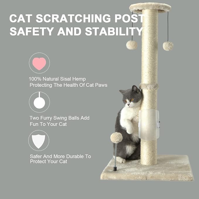 PEEKAB 32" Tall Cat Scratching Post Sisal Rope Scratch Posts with Hanging Ball and Self-Massage Brush Vertical Scratcher for Indoor Cats and Kittens(Beige 32inches) - Image 5