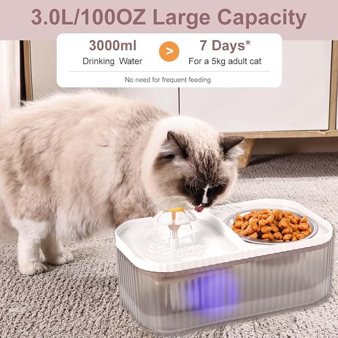 Marchul Cat Water Fountain and Stainless Steel Food Bowl, 100oz/3L Super Quiet Automatic Pet Water Dispenser with Smart Pump and 3 Replacement Filters for Cats and Small Dogs, White - Image 3