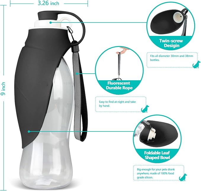 TIOVERY Dog Water Bottle, Portable Pet Water Dispenser Feeder Leak Proof with Drinking Cup Dish Bowl for Outdoor Walking, Hiking, Travel, 20OZ Water Bottle Fit for Small to Large Dogs and Cats Black - Image 3