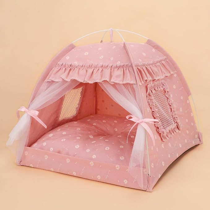 Selena Cat Bed Tents Dog House Indoor Outdoor Lace Mesh Breathable Windows Door Curtains Removable Portable Nest Teepe House (Small,Pink(Ruffled Teim)) by Unknown