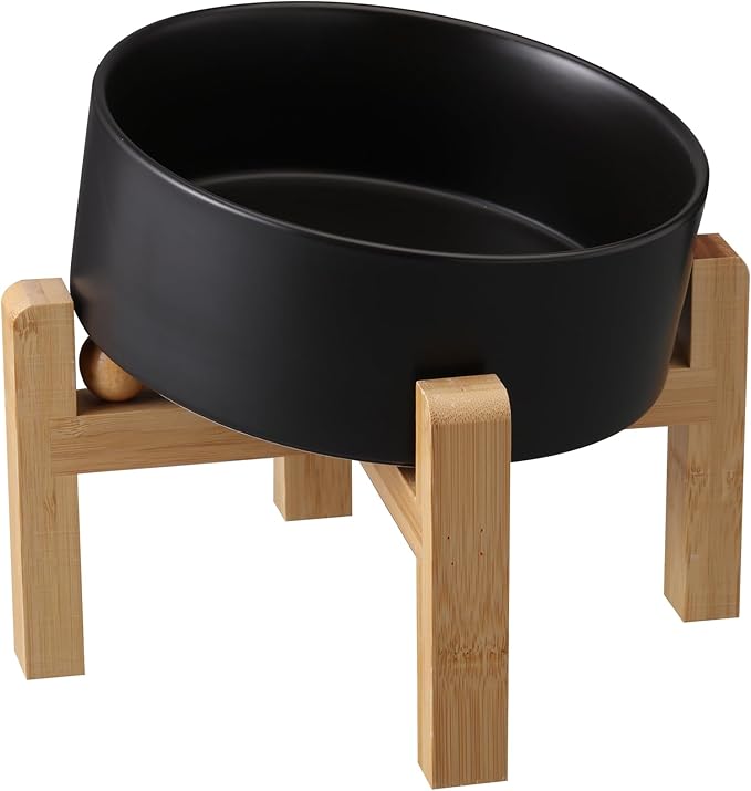 Black Elevated/Raised 15°Tilted Anti Slip Ceramic Dog Bowl for Small/Medium Breeds,Slanted Bulldog Big Face Pet Food Water Feeding Dish with Stand for Cats and Dogs (3.6 Cups/28 OZ) by DJJJOOYSCeramicDogBowl