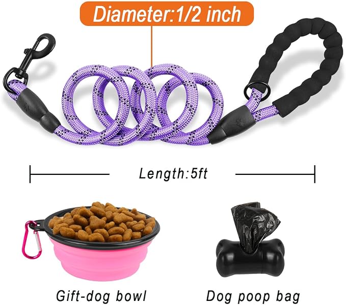 BARKBAY Dog Leashes for Large Dogs Heavy Duty Dog Leash 4/5/6 FT with Comfortable Padded Handle and Highly Reflective Threads for Medium Large Dogs Walking Training Running (5FT-1/2,Violet Purple) - Image 6