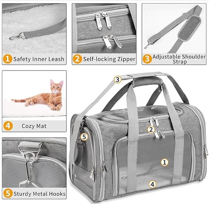 Soft-Sided Pet Carrier for Cats and Dogs, Collapsible Travel Bag with Shoulder Strap, Removable Mat, Mesh Windows, 20x13x13 Inch,Gray - Image 4