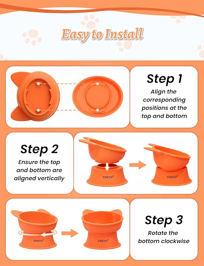 YINEYA Elevated Cat Bowls 2 Pcs, Cat Food Bowl to Protect Neck & Anti-Vomit, Whisker-Friendly Raised Food and Water Bowls Set for Indoor Cats/Small Dogs, Cute Pet Feeding Bowl 6 OZ Each, Orange&Green - Image 6
