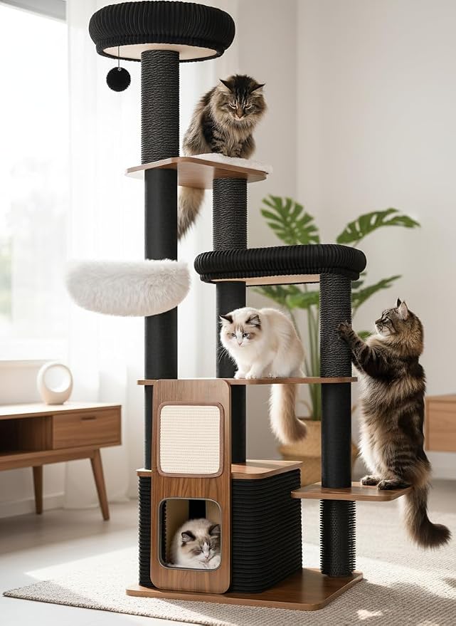 63" Heavy Duty Cat Tower, Modern Cat Tree, Wooden Cat Tree | Modern Cat Furniture, Sturdy Cat Tree Tower, Indoor Scratching Post, Plush Top Perch, Cozy Cat Condo by Purrlato