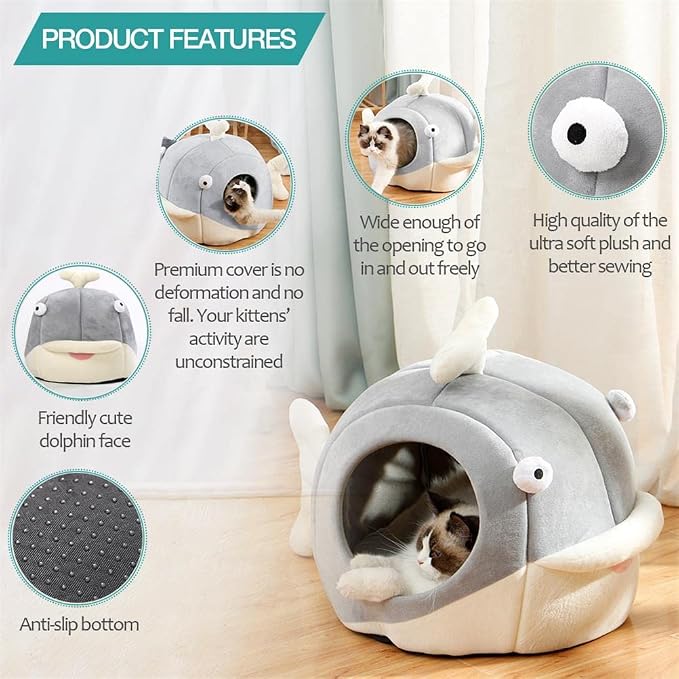 Lcybem Cat Beds for Indoor Cats - Cat Bed Cave with Removable Washable Cushioned Pillow, Soft Plush Premium Cotton No Deformation Pet Bed, Roomy Dolphin cat House Design, Multiple Sizes - Image 4