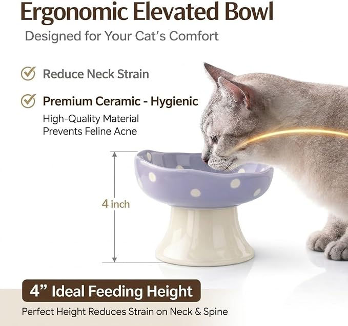 Elevated Ceramic Cat Bowls, Mushroom Raised Wide & Shallow Cat Food and Water Bowls, Whisker Friendly Feeding Bowls for Cats & Small Dogs (Purple) - Image 2