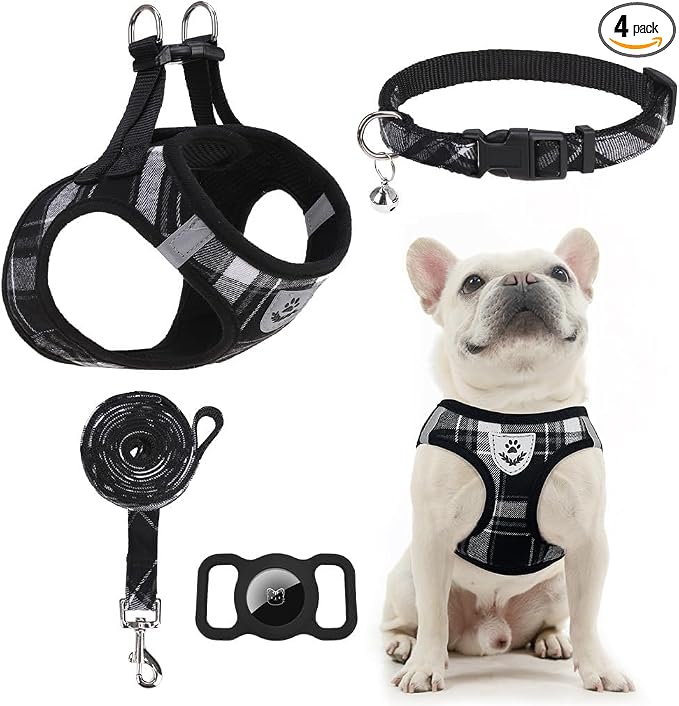 Classic Plaid Puppy Harness - Dog Collar and Leash - Soft Mesh Padded Adjustable Step in Small Dog Vest Harness No Pull, Reflective Escape Proof for Outdoor Walking, Black XS by EXPAWLORER