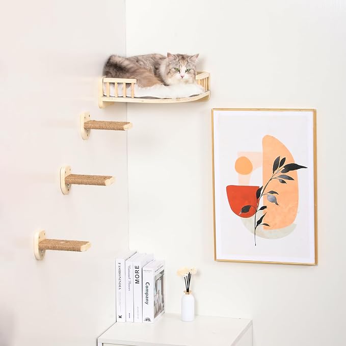 Cat Wall Shelves with 3 Steps Scratch Post, Climbing Shelf and Hammock for Indoor Cats (Wood) - Image 8