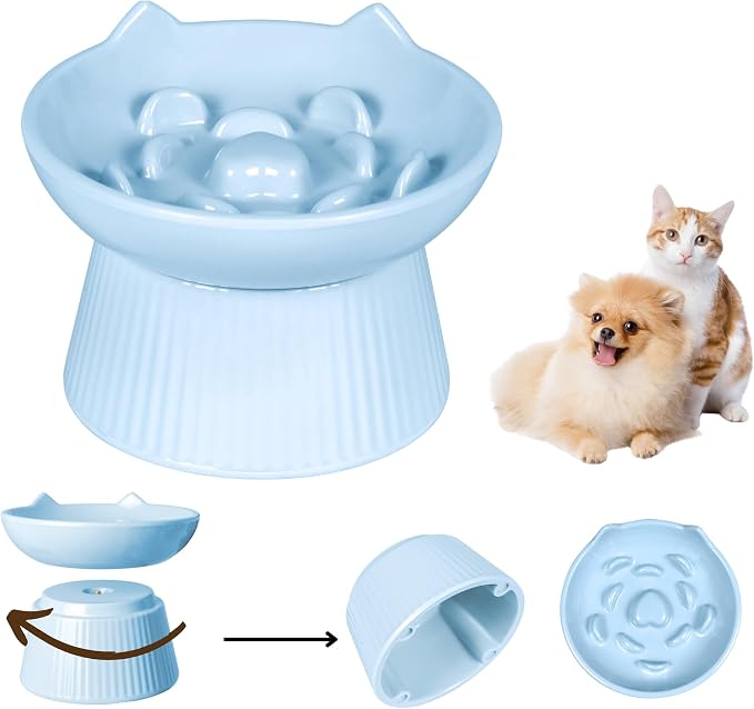 Unbreakable Raised Slow Feeder Bowl for Cats and Small Dogs, Elevated Cat Bowls, Detachable Slow Feede Bowl, Heavy Weighted, Non-Slip Feeder, Dry & Wet Food, Whisker Friendly (Blue; 6.2'') by FullCharm