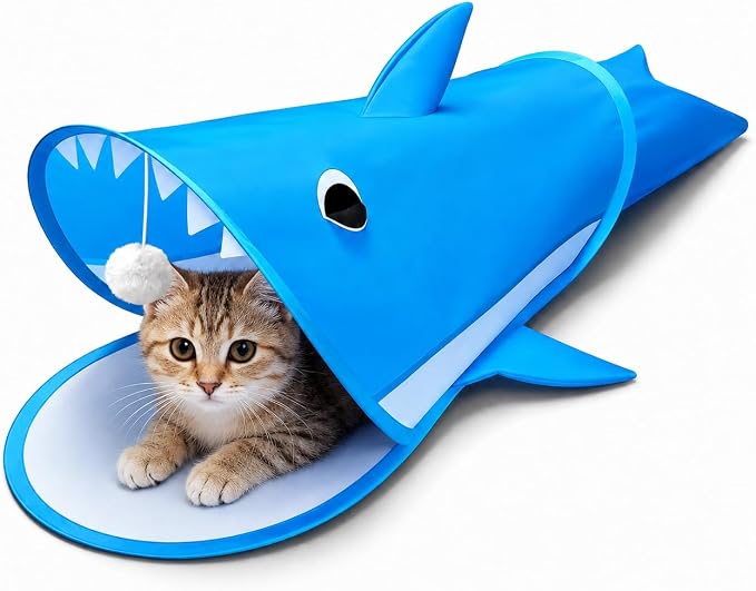 Blue Shark Cat Tunnel Toy, Collapsible Pop-Up Cat Play Tunnel with Interactive Hanging Ball & Storage Bag, Durable Polyester Interactive Cat Toy for Indoor Cats, Kittens by MAKEPETLUCKY-WelcometoCatTunnelClub