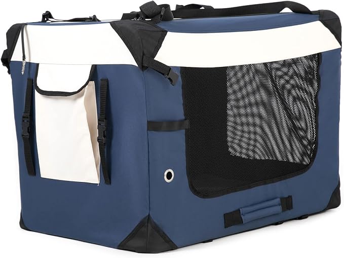 Collapsible Dog Travel Crate,Portable Soft-Sided Pet Carrier Extra Large Cat Carrier with Soft Plush Plush Mat for Indoor and Outdoor,28x20x20in,Navy Blue - Image 3