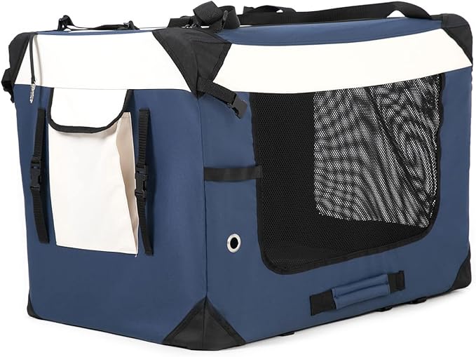 Large Cat Carrier, Collapsible Dog Travel Crate Portable Soft-Sided Pet Carrier with Super Soft Warm Plush Mat for Indoor and Outdoor 20x14x14in,Navy Blue - Image 2