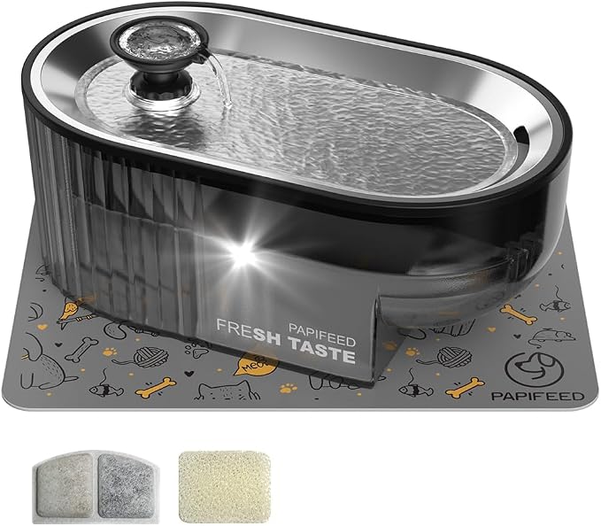 PAPIFEED Cat Water Fountain Stainless Steel with a Silicone Mat, 84oz/2.5L Automatic Pet Fountain with Water Level Window and LED Light, Quiet Low Power Cat Water Bowl & Cat Water Dispenser(Black) by PAPIFEED