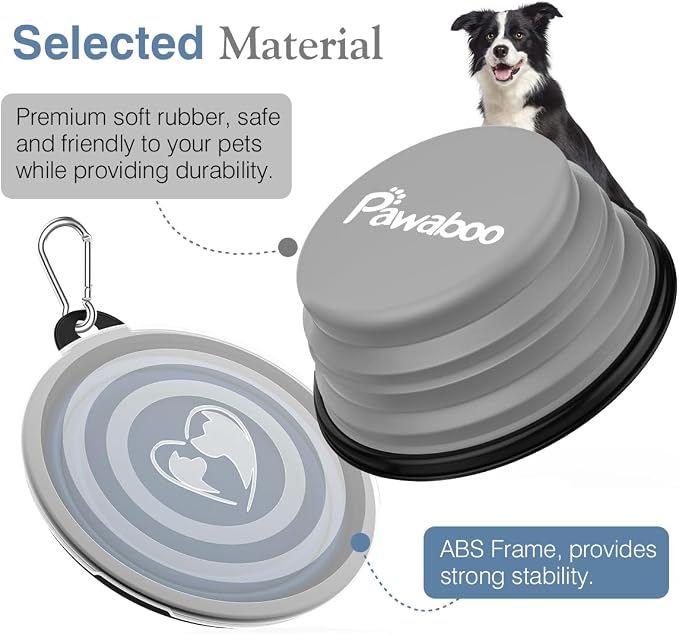 Pawaboo Collapsible Travel Dog Bowls 2 Pack with Lids&Carabiners Silicone | Feeding Watering Bowls for Dogs Cats, Collapsable Water Feeder Food Bowl for Walking Traveling Home Use, Blue + Grey - Image 7