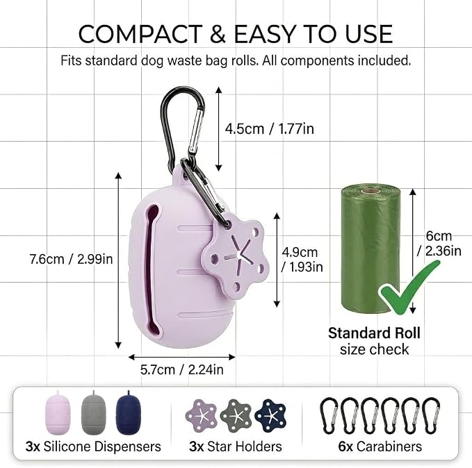 Dog Poop Bag Holder for Leash, 3 PCS Silicone Waste Bag Dispenser | Hands-Free poop knot carrier charm set, walking Accessories,Quiet Pet Gear with Metal Carabiner Clip (Purple/Grey/Navy) - Image 5