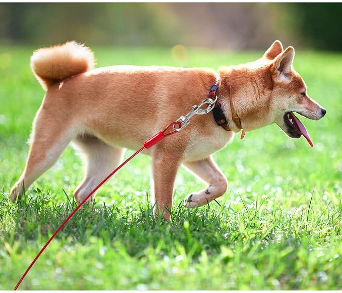 BV Dog Tie Out Cable 30 Feet - Heavy Duty Dog Lead Up to 125 Pounds - Reflective & Rust-Free with Quick Release Swivel Clips & 360° Rotating Clasp - Tangle-Free Dogs Runner for Yard (Red, Single) - Image 8