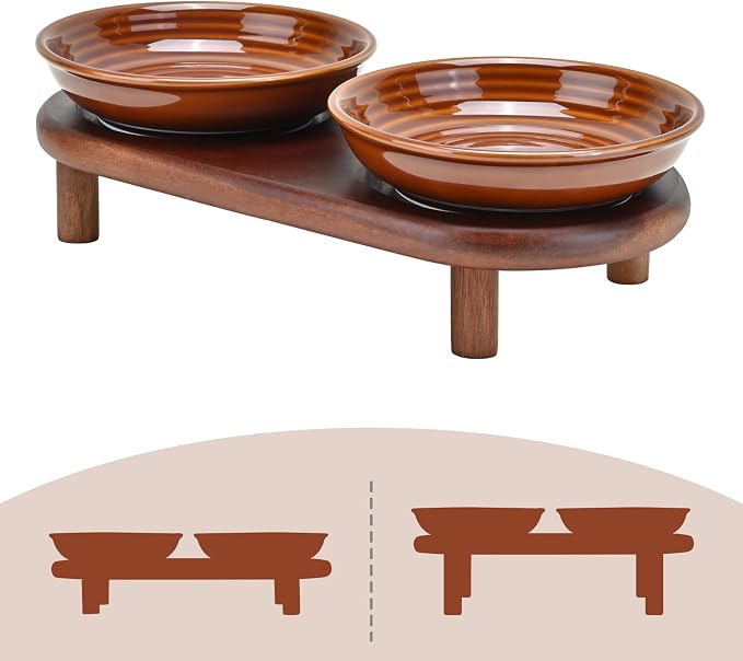SPUNKYJUNKY Shallow Elevated Cat Bowl with Acacia Wood Stand Wide Raised Ceramic Cat Dishes Whisker Friendly Pet Food and Water Plates (Striped Pattern, Brown) by SPUNKYJUNKY