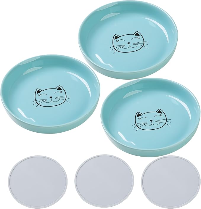 Lusifaco Shallow Wide Cat Food Bowls Anti Whisker Fatigue (Blue, 3 Pack) | 5.9 Inch 2 Height Raised Ceramic Cat Dishes with Bamboo Stand, Flat Pet Water Food Plates Feeding Station for Indoor Kitten by MakesMealsMoreEnjoyable
