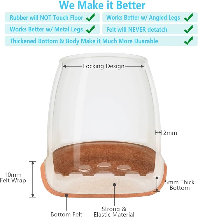 16 Pack Chair Leg Floor Protectors for Hardwood Floors, Round Rubber Furniture Sliders, 360°Felt Pad Bottom Wrapped Thickening Silicone Furniture Legs Caps Covers(Round,Clear-Brown-S) - Image 4