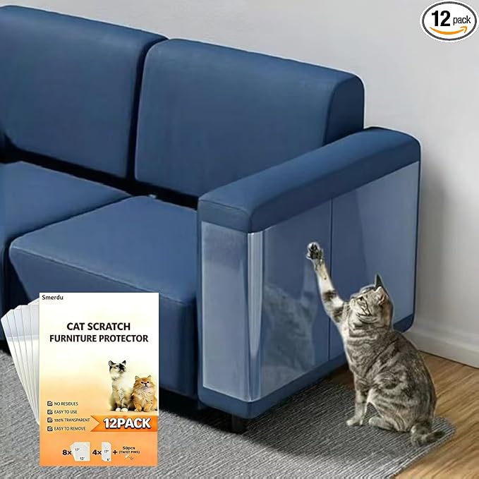 Cat Scratching Furniture Protector 12pk Clear 0.15mm Sheets +50 Pins | 12pk (8×17"×12"+4×17"×6") + 50 Pins; 0.15mm Ultra Thin Clear; No Residue & MSDS Safe;Ideal for Couch/Sofa/Arm/Chair by Smerdu