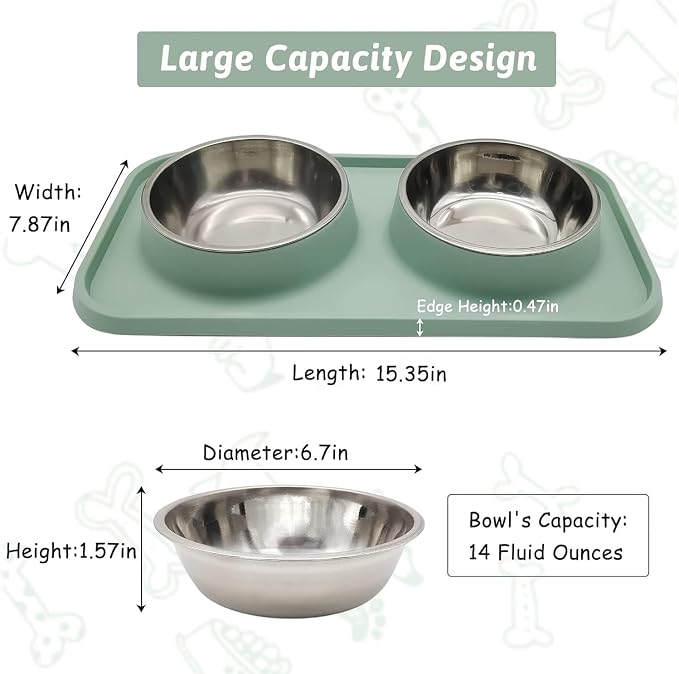 BNOSDM Double Dog Food Bowls Stainless Steel Dog Food and Water Bowls with Non-Spill Plastic Mat Pet Cat Feeder Bowl Set for Puppy Cats Kitten Small Medium Dogs Green - Image 2
