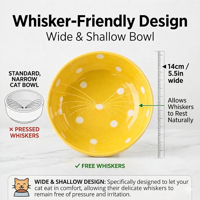 Elevated Ceramic Cat Bowls Set of 2, Mushroom Raised Wide & Shallow Cat Food and Water Bowls, Whisker Friendly Feeding Bowls for Cats & Small Dogs (Red+Yellow) - Image 3