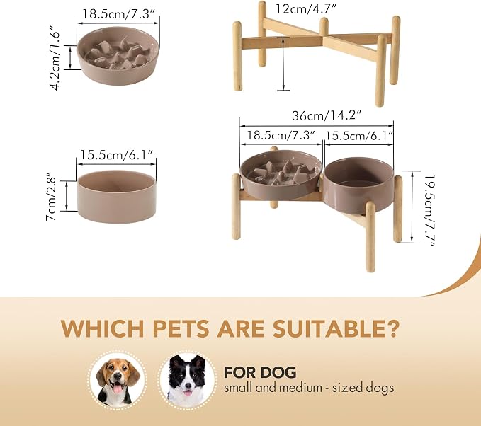 Havniva Elevated Slow Feeder Dog Bowls, Ceramic Dog Bowl Slow Feeder Set | 1.2 Cups Raised Slow Feeder Dog Bowl for Small Breed, 6.1” Dog Water Bowl with Wooden Stand, Puzzle Dog Food Bowl, Non-slip - Image 2