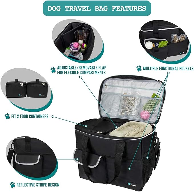 PetAmi Dog Travel Bag Organizer, Pet Supplies Tote Diaper Bag, Black Large | Pet Travel Kit with 2 Food Containers & 2 Collapsible Dog Bowls, Luggage Sleeve, Weekend Getaway Road Trip Camping Essentials - Image 4