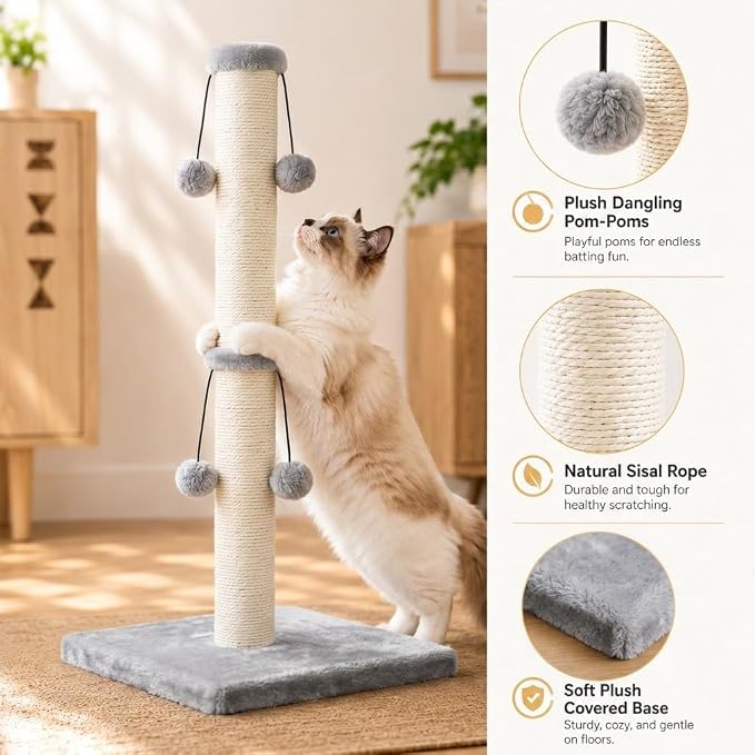 Dimaka 29'' Cat Scratching Post, Natural Sisal Rope Scratcher Post, Kitten Claw Scratch with 4 DanglingToy Balls for Large Cats (Grey) - Image 3