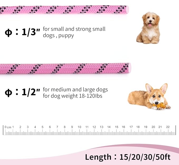 Long Dog Leash for Training 15Ft-Reflective Nylon Rope with Swivel Hook-Recall Agility Lead for Large Small Medium Dogs Outside Walking Hiking-Pink - Image 4