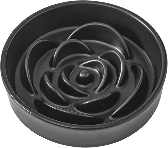 8.25'' Ceramic Slow Feeder Dog Bowls - Petal Shape Modern Dog Food Dish for Medium and Large Breeds, Puzzle Maze Bowl to Slow Down Eating, Anti-Gulping, Dishwasher & Microwave Safe, Black by Welloyed
