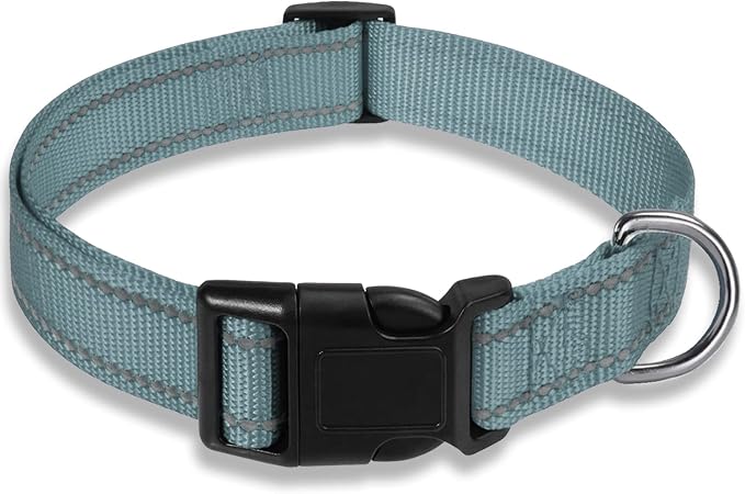 Reflective Dog Collar, Puppy Collar with Buckle Adjustable, Grey L | Breathable Nylon Collars for Small Medium Large Dogs, No Chafing on Walks and Outdoor Hikes, Metal D-Ring, Night Safety by BOOMIBOO