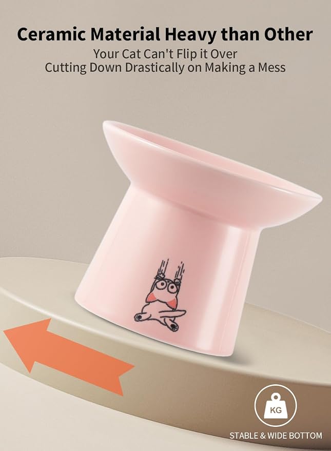 6.5 Inch Extra Wide Ceramic Elevated Cat Bowls, Raised Pet Bowl Set | Whisker Fatigue, for Elder Big Cats Small Dogs, Set of 2, Green & Pink - Image 7