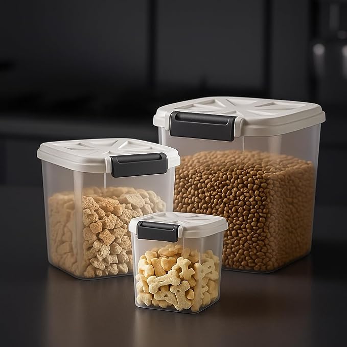 LivLab Mker 20 lb Stackable Pet Food Storage Containers, 3 Pack | Three stackable airtight bins hold 4, 6, and 10 lb for 20 lb total; includes 3 measuring cups and clear BPA-free bodies. by LivLabMker