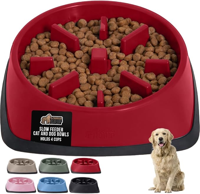 GORILLA GRIP® Patented Slow Feeder Dog and Cat Bowl, BPA Free, 4 Cup Red | Interactive Puzzle Toy for Food Training Enrichment, Keeps Pets Busy and Prevents Puppy Overeating, All Breeds by Unknown