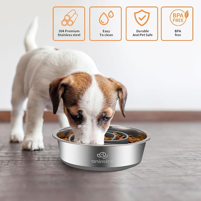 2-in-1 Metal Dog Bowl with Slow Feeder Insert, Stainless Steel Dog Bowls Food Grade 304, Water Food Bowl with Anti-Slip Silicone Base for Small, Medium, Large Breed Dogs - Image 4