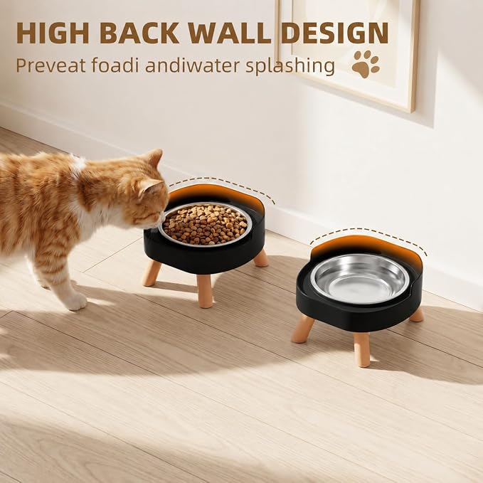 Elevated Cat Bowls, 2P Raised Cat Food and Water Bowl Set for Indoor Cats, Splash Proof with 2 Stainless Steel Pet Food Bowls for Cats ＆ Puppies, Whisker Friendly and Dishwasher Safe - Black - Image 3