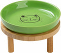 Lusifaco Shallow Wide Elevated Cat Bowls Whisker Fatigue(Green,Set of 1) | 5.9 Inch 2 Height Raised Ceramic Cat Dishes with Bamboo Stand, Flat Pet Water Food Plates Feeding Station for Indoor Kitten by MakesMealsMoreEnjoyable