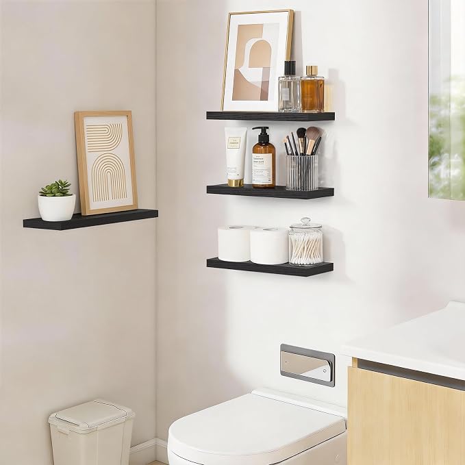 BAYKA Black Floating Shelves 15.7in, Set of 4, Wall Mount Rustic Wood Shelf | Easy Install, 22lbs Max Load, Hidden Bracket, Hanging Shelf for Books/Storage/Room Decor, Multi-Wall Compatible - Image 5