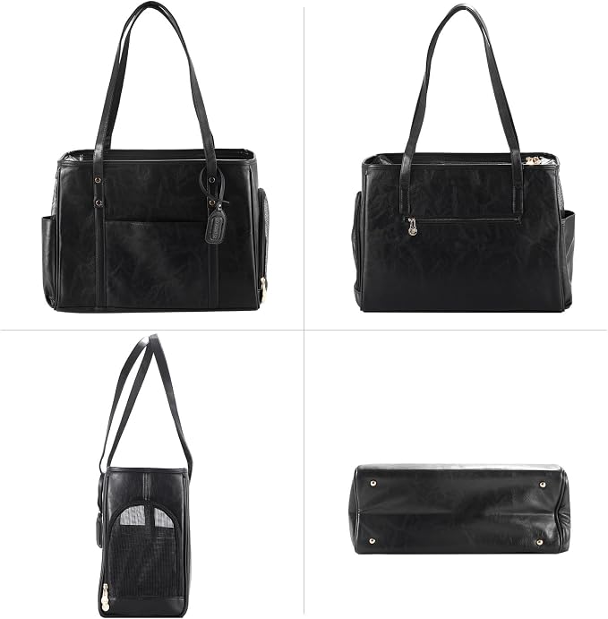 Fashion Dog Carrier Purse, Premium Leather Cat Carrier Bag, Airline Approved Soft Sided Pet Travel Tote Bag with Pockets Black - Image 3