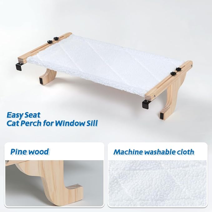 Zakkart Easy Seat Cat Perch for Window Sill - Hammock Design w/Pine Wood & Robust Metal Frame - Cat Window Seat for Large Cats and Kittens (Natural Color Wood w/White Bed, Medium (23''W x 14''D)) - Image 6