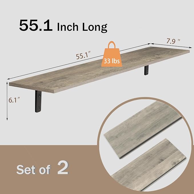 Long Wall Shelves, 55.1Inch Wooden Wall Mounted Shelves, Set of 2 | Large Floating Book Shelf with Metal Bracket, Easy Assembly, Max Load 33lbs, Wall Storage Ledges, Bedroom/Bathroom, Gray Wash - Image 3