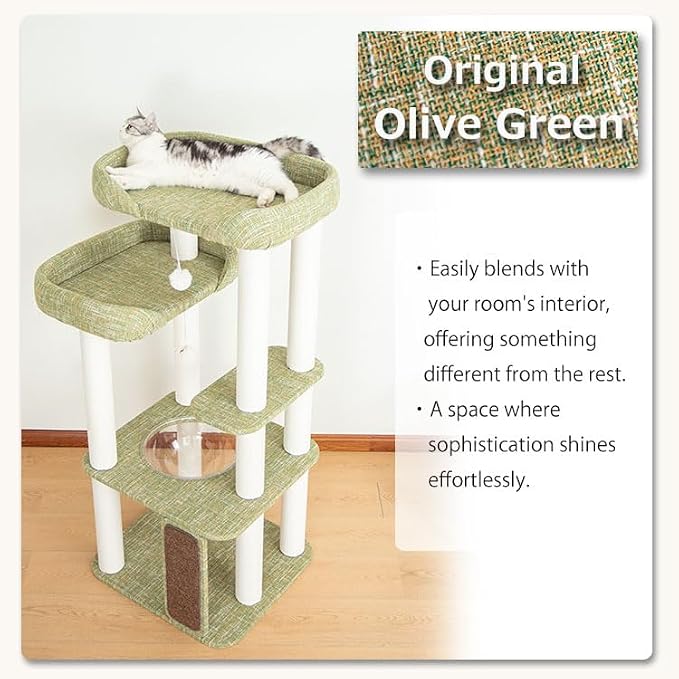 Mordern Cat Tree Tower, Freestanding, Cushioned Bed, Large Base, for Multiple Cats, Compact,Winter and Summer Use, Summer Mat Included, for Large Cats (Olive Green, Height 135cm) - Image 2