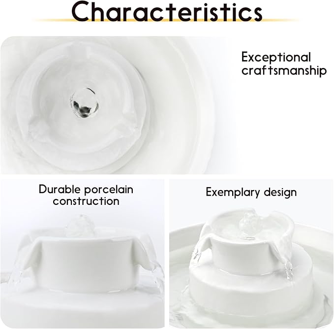 Lawfery Ceramic Cat Water Fountain, 2.1L/71oz Cupcake Pet Fountain | 3 Carbon Filters, 2 Quiet Pumps, Heavy Ceramic Body, and 360° Drinking Area, Drinking Bowl for Indoor Cats and Small Dogs - Image 3