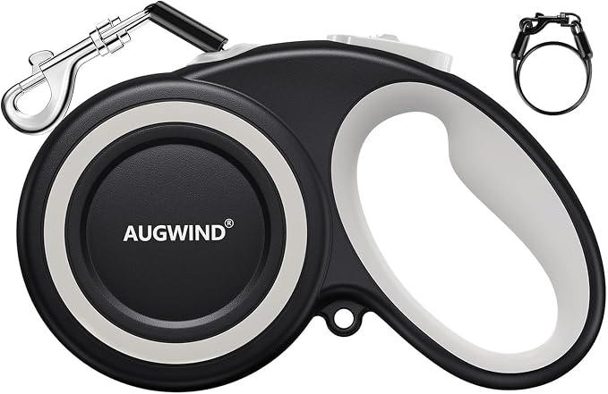 Retractable Dog Leash with Stainless Steel Anti-Chew Cable for Small & Medium Dogs up to 50 lbs | 16 ft Strong Nylon Reflective Tape | Quick Lock System (Medium, White) by Augwind