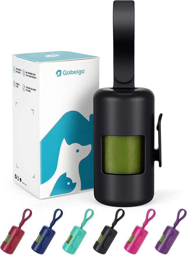 Gobeigo Dog Poop Bag Holder with Used Bag Hook(Black) | Silicone Strap Fits Any Leash, Large Opening for Easy Dispensing with 1 Bonus Roll of Waste Bags by Gobeigo