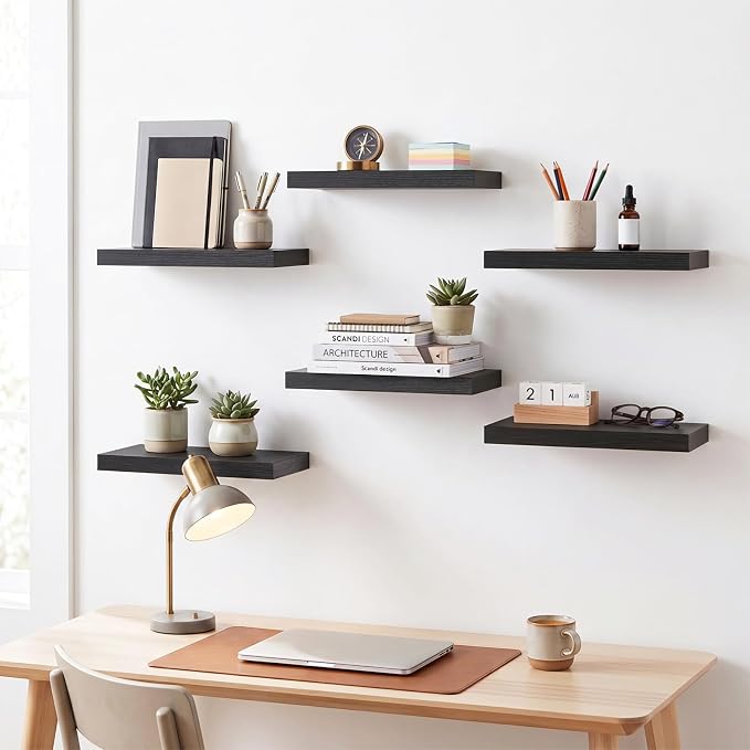 Fixwal Floating Wall Shelves for Decor (Black, Set of 6, 15.7 Inch) | MDF Shelves with Metal Brackets, Space Saving for Books, Decor, Works in Bathroom, Kitchen, Living Room, Bedroom - Image 5