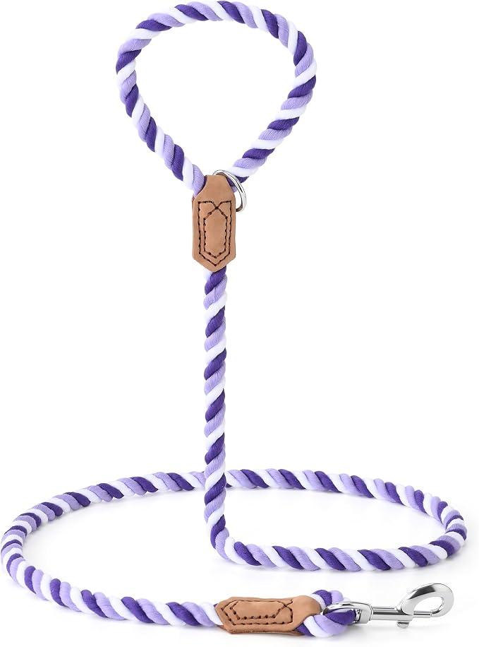 Mile High Life Rainbow Dog Leash Braided Cotton Rope w Leather-Wrapped Ends | Rust-proof 360° swivel clasp, Heavy-duty for medium/large breeds. Great for weddings, daily walks (4FT, 1/2", Purple) - Image 6