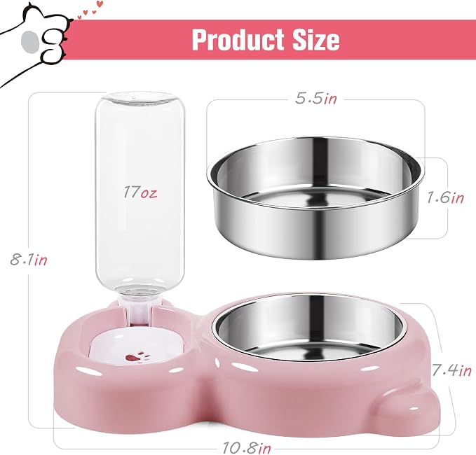 Dog Bowls, Cat Food and Water Bowl Set with Water Dispenser and Stainless Steel Bowl for Cats and Small Dogs - Pink - Image 5
